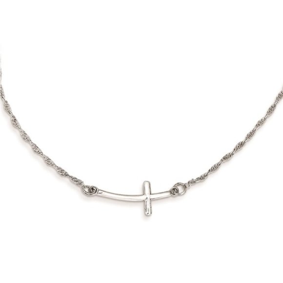 925 Sterling Silver Rhodium-plated Small Sideways Curved Cross Necklace - Picture 1 of 5
